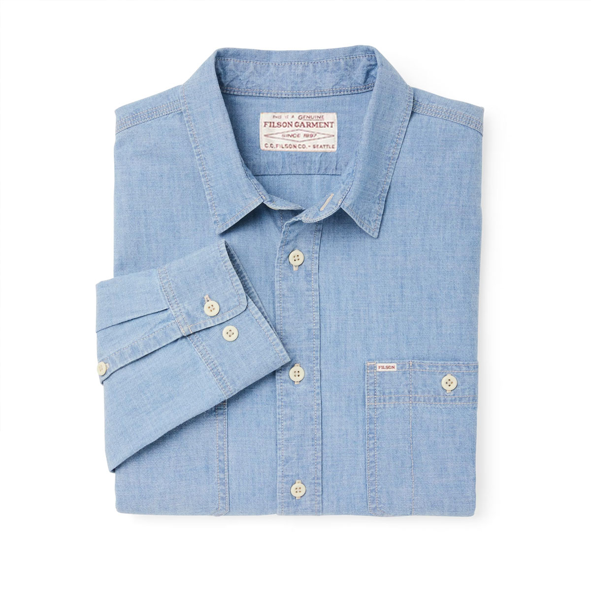 Filson Chambray CPO Shirt Light Indigo Chambray, stoer, sterk en licht overhemd, heerlijk om in te werken