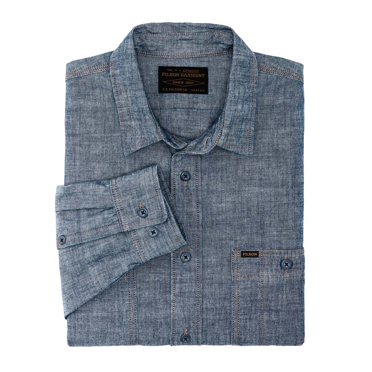 Filson Chambray CPO Shirt Rinsed Indigo Chambray, stoer, sterk en licht overhemd, heerlijk om in te werken