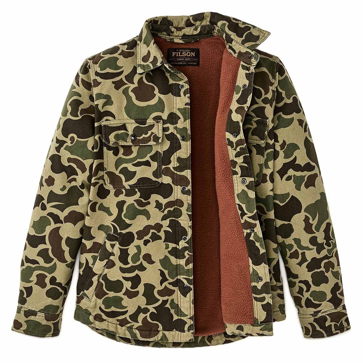 Filson Fleece Lined Jac-Shirt Tundra Shrub Camo, kan dienen als licht jack of zwaar shirt