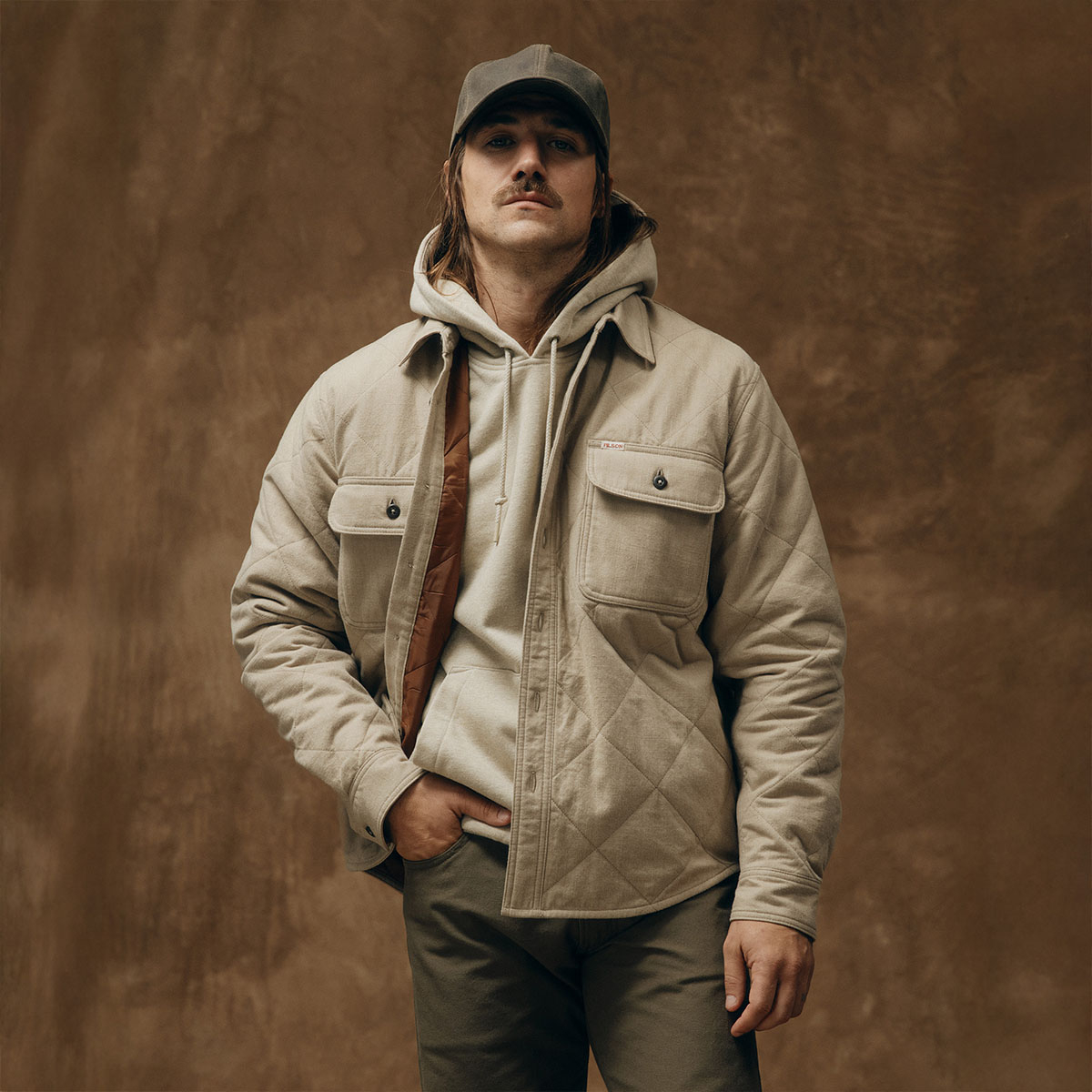 Filson Insulated Flannel Shirt Warm Khaki, wearing front Filson Insulated Flannel Shirt Warm Khaki, wearing front