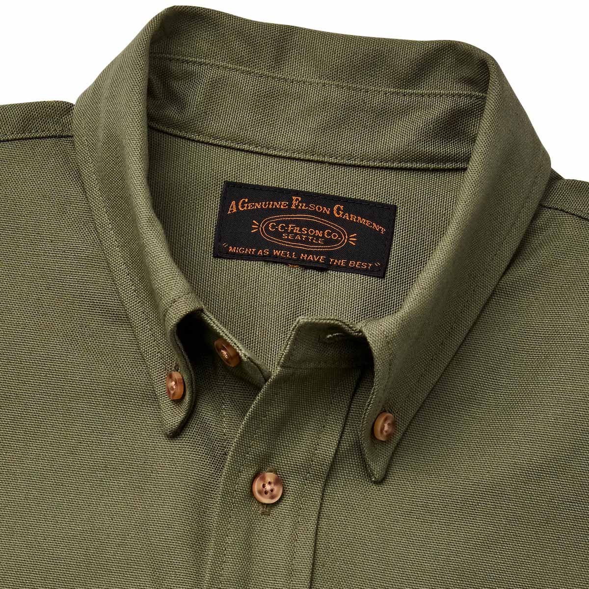 Filson Iron Cloth Oxford Shirt Burnt Olive, detail button-down