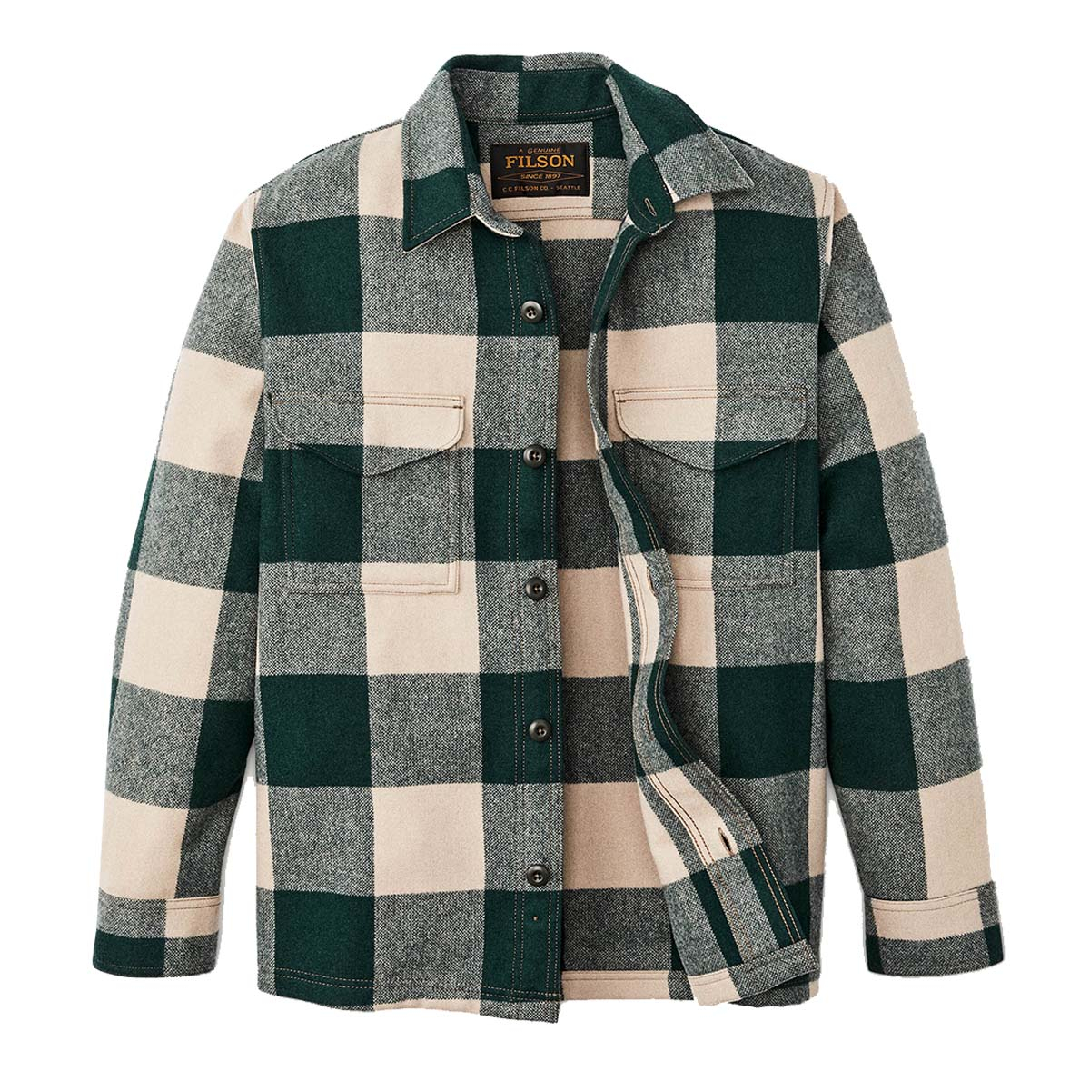 Filson Wool Jac-Shirt Pine/Beige Check, heeft borstzakken met kleppen en verborgen knopen en een rechte zoom om los te dragen