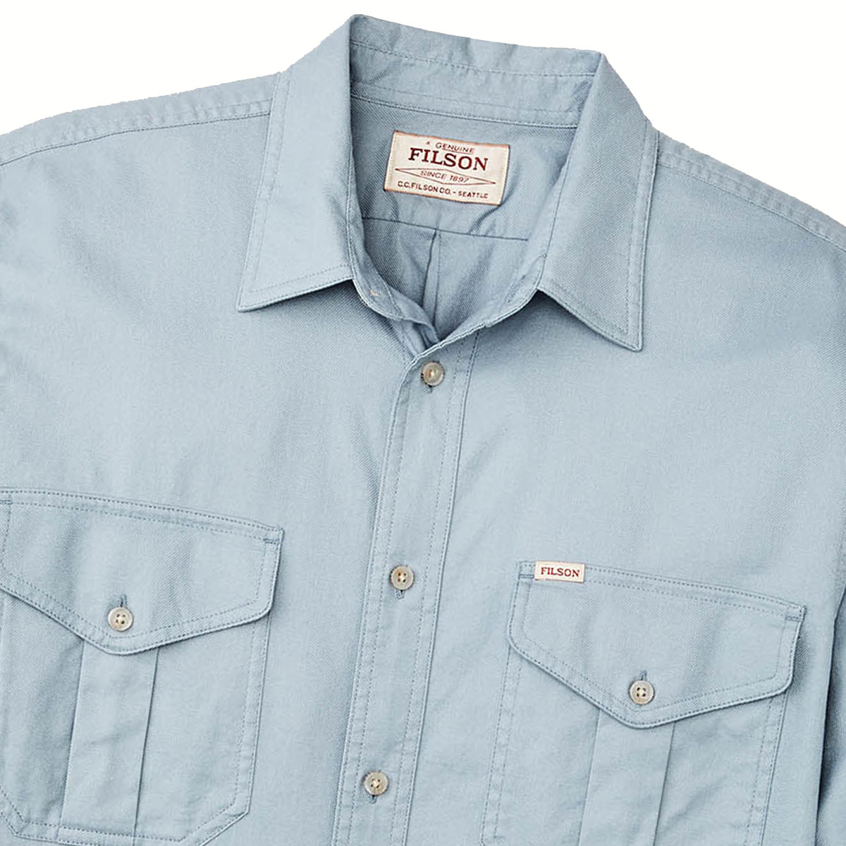 Filson Lightweight Alaskan Guide Shirt Dust Blue, een lichtgewicht versie van Filsons iconische shirt