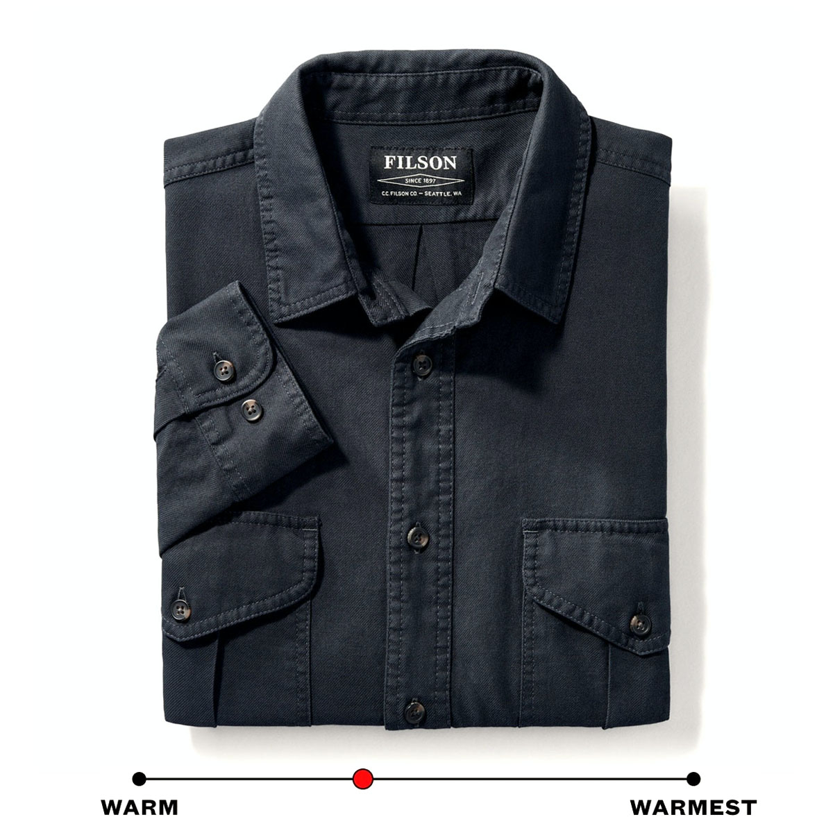 Filson Vintage Flannel Work Shirt Natural/Charcoal, Filson Lightweight Alaskan Guide Shirt Midnight Navy, een lichtgewicht versie van Filsons iconische shirt