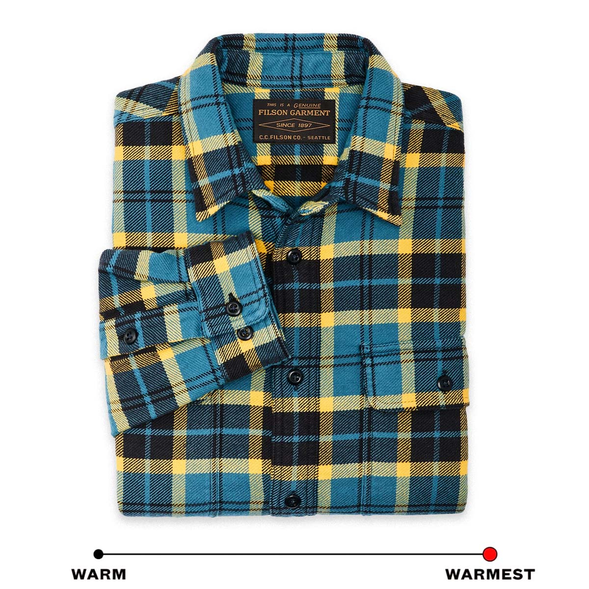 Filson Vintage Flannel Work Shirt Blue Ash Gold Plaid, gemaakt van dik en ademend katoenflanel, ideaal voor koud weer