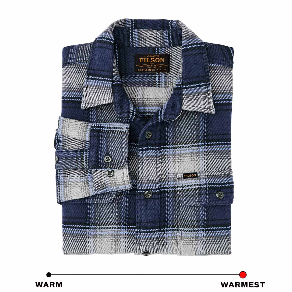 Filson Vintage Flannel Work Shirt Light Blue/Navy Plaid, warm katoenen overhemd met knoopsluiting en een zachte geborstelde twill binnenkant
