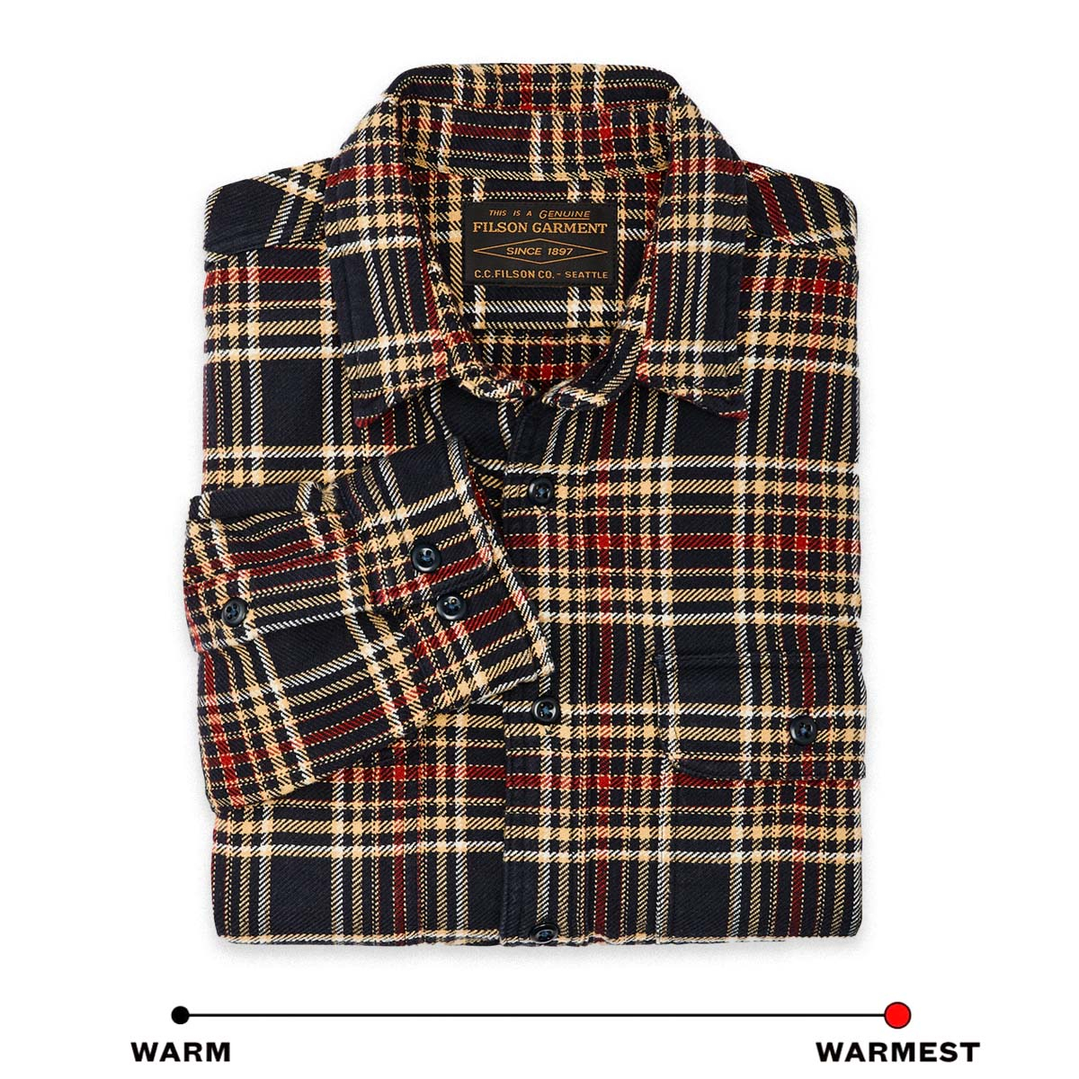 Filson Vintage Flannel Work Shirt Navy Ivory Red, gemaakt van dik en ademend katoenflanel, ideaal voor koud weer