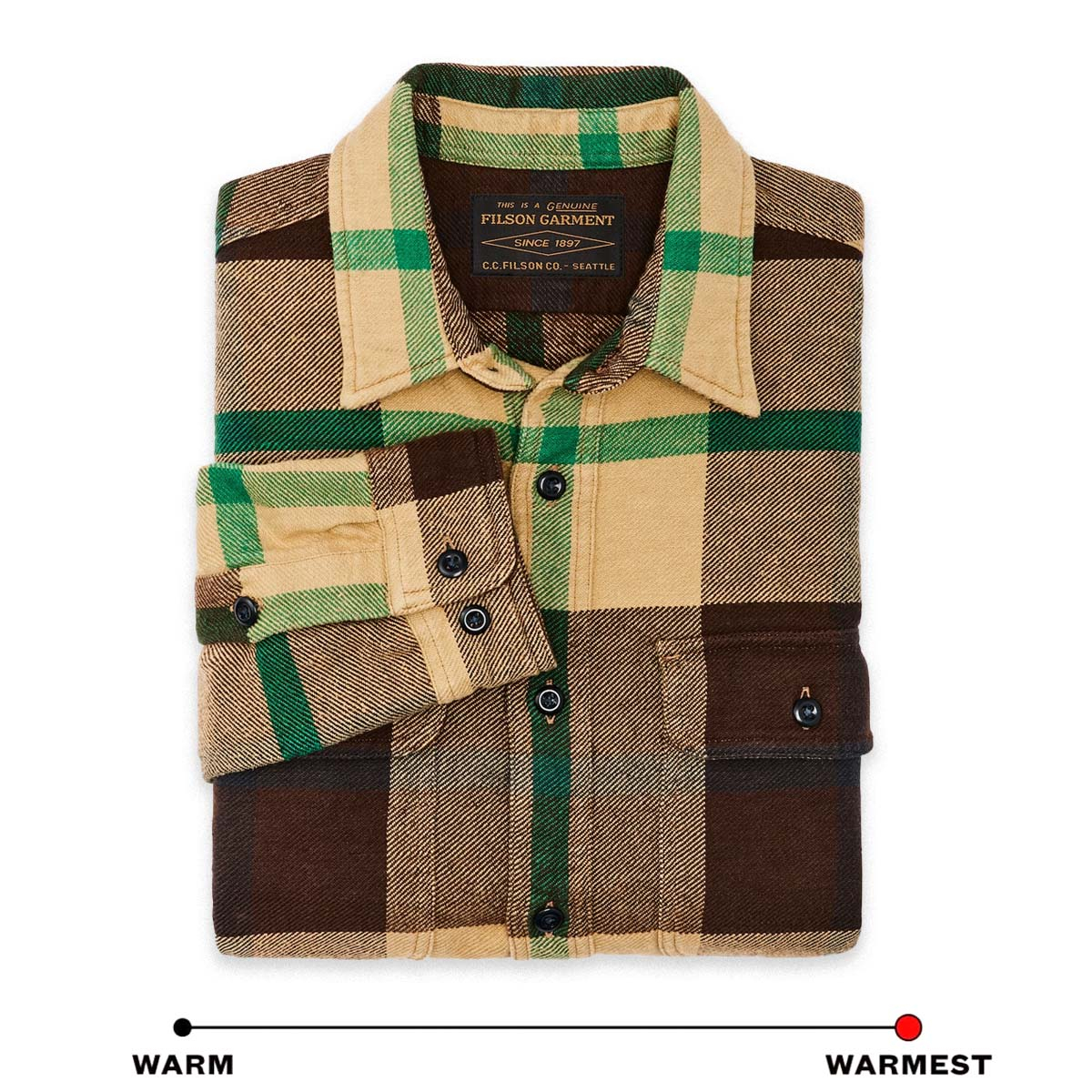 Filson Vintage Flannel Work Shirt Tan Green Coffee, gemaakt van dik en ademend katoenflanel, ideaal voor koud weer