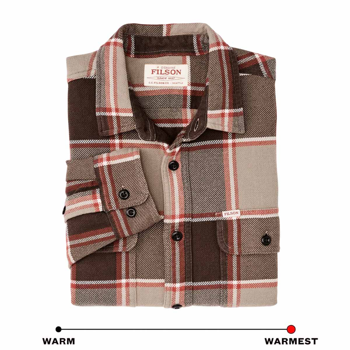 Filson Vintage Flannel Work Shirt Tan/Orange/Multi Plaid, gemaakt van dik en ademend katoenen flanel, ideaal voor koud weer