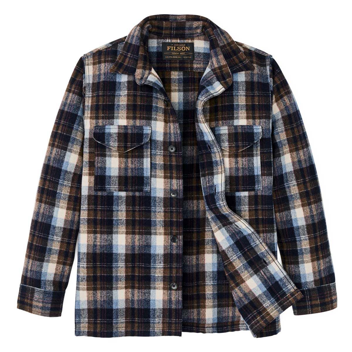 Filson Wool Jac-Shirt Brown/Light Blue Multi Plaid, heeft borstzakken met kleppen en verborgen knopen en een rechte zoom om los te dragen Filson Wool Jac-Shirt Brown/Light Blue Multi Plaid, heeft borstzakken met kleppen en verborgen knopen en een rechte zoom om los te dragen