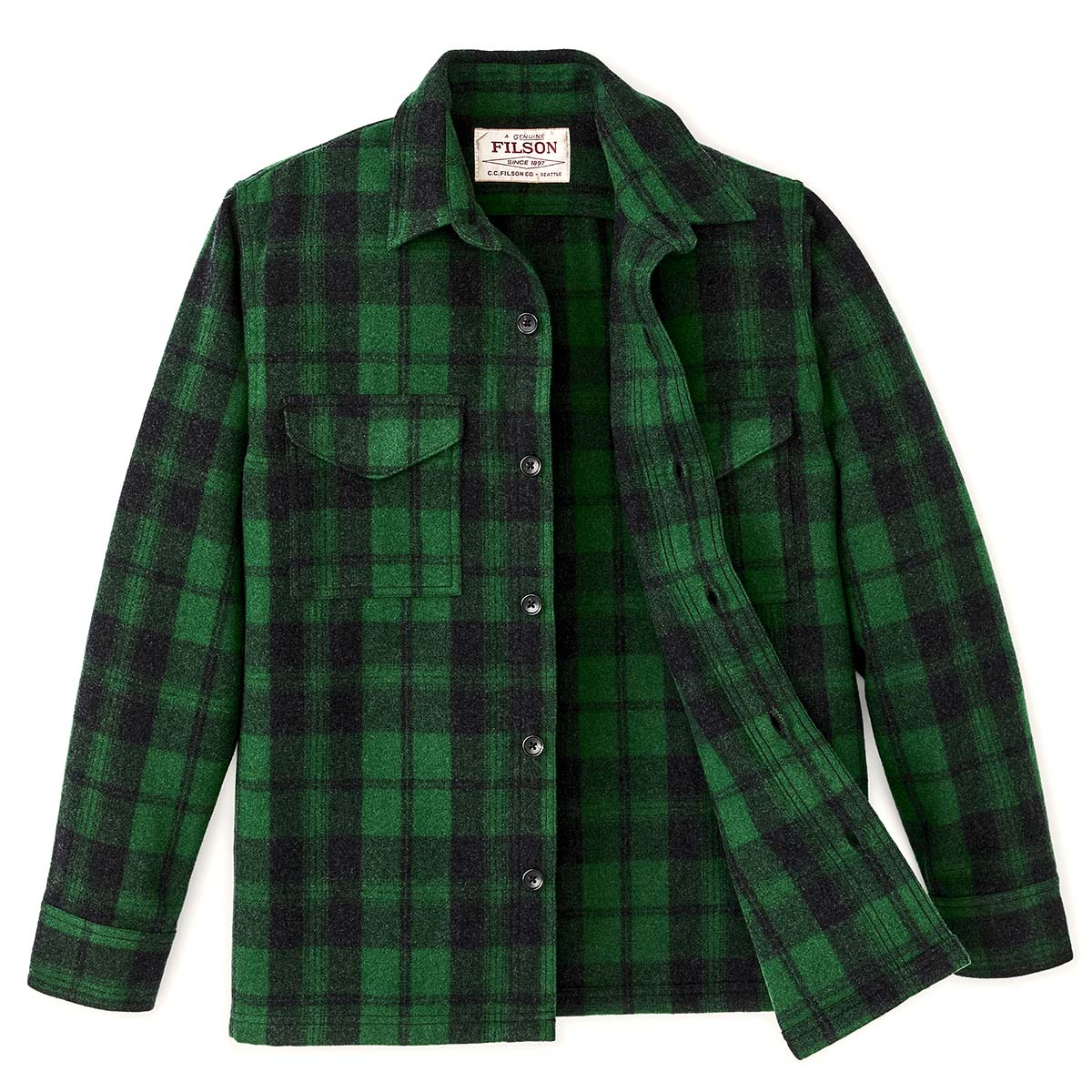 Filson Wool Jac-Shirt Green/Black Plaid, heeft borstzakken met kleppen en verborgen knopen en een rechte zoom om los te dragen
