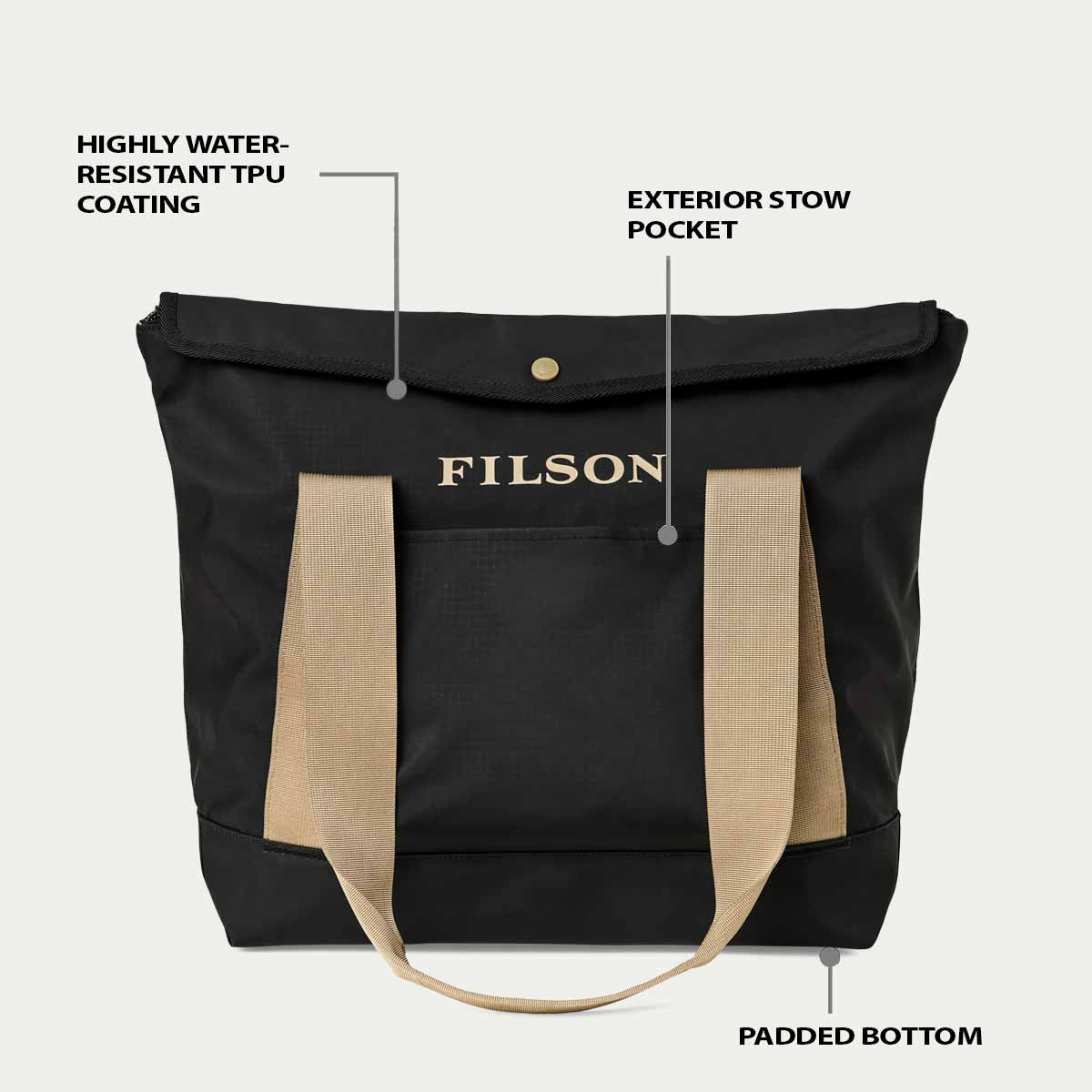 Filson All-Weather Tote Bag Black/Covert, eigenschappen uitgelegd voorkant