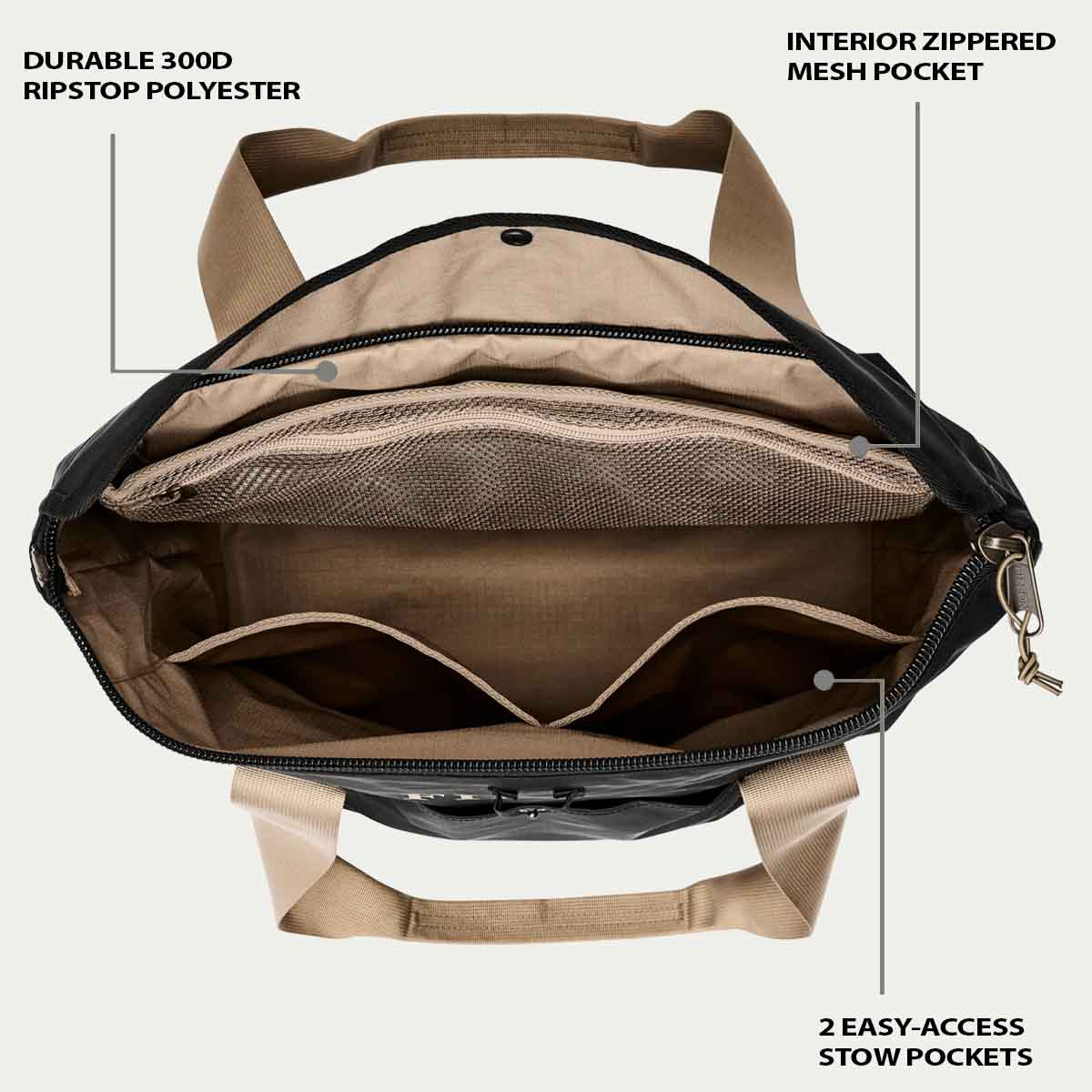 Filson All-Weather Tote Bag Black/Covert, eigenschappen uitgelegd binnenkant
