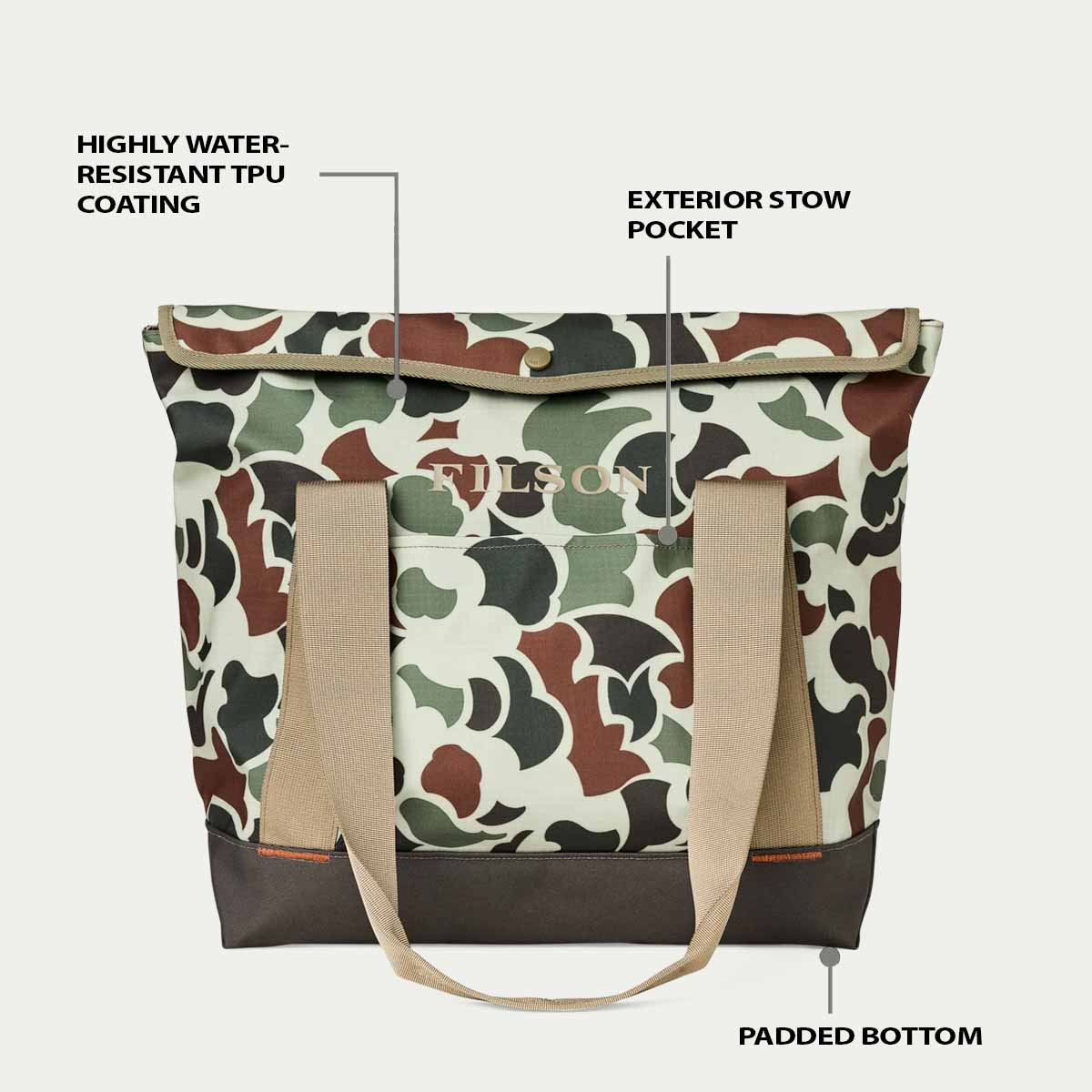 Filson All-Weather Tote Bag Shrub Camo/Canteen/Covert, eigenschappen uitgelegd voorkant
