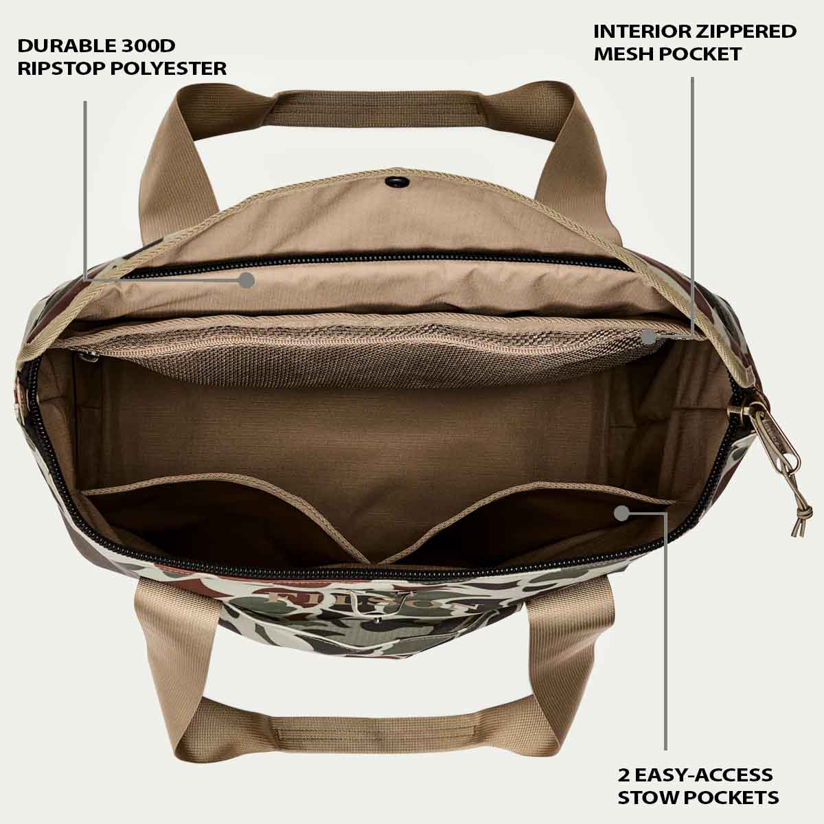 Filson All-Weather Tote Bag Shrub Camo/Canteen/Covert, eigenschappen uitgelegd binnenkant