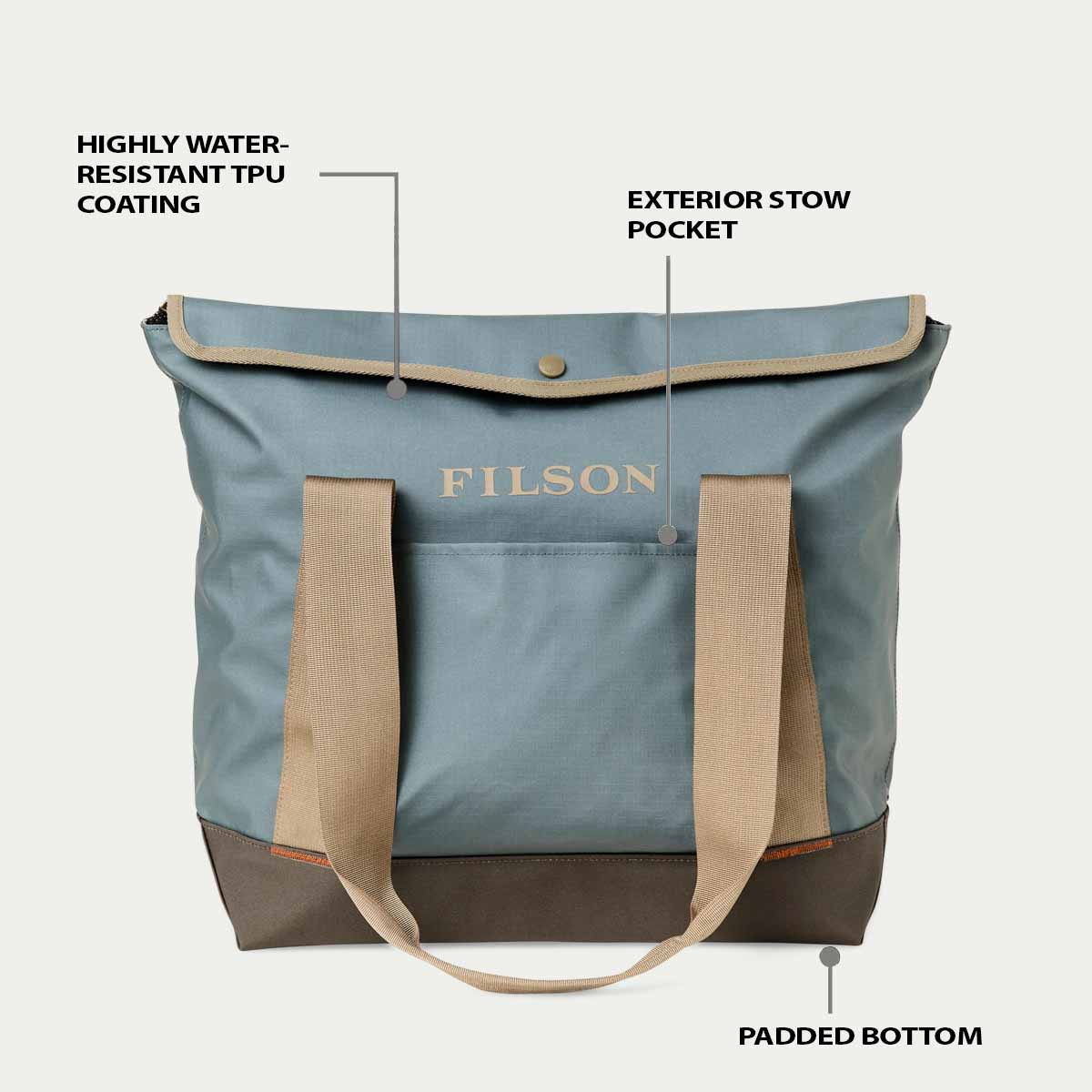 Filson Scout Tote Bag Slate/Canteen/Covert, eigenschappen uitgelegd voorkant