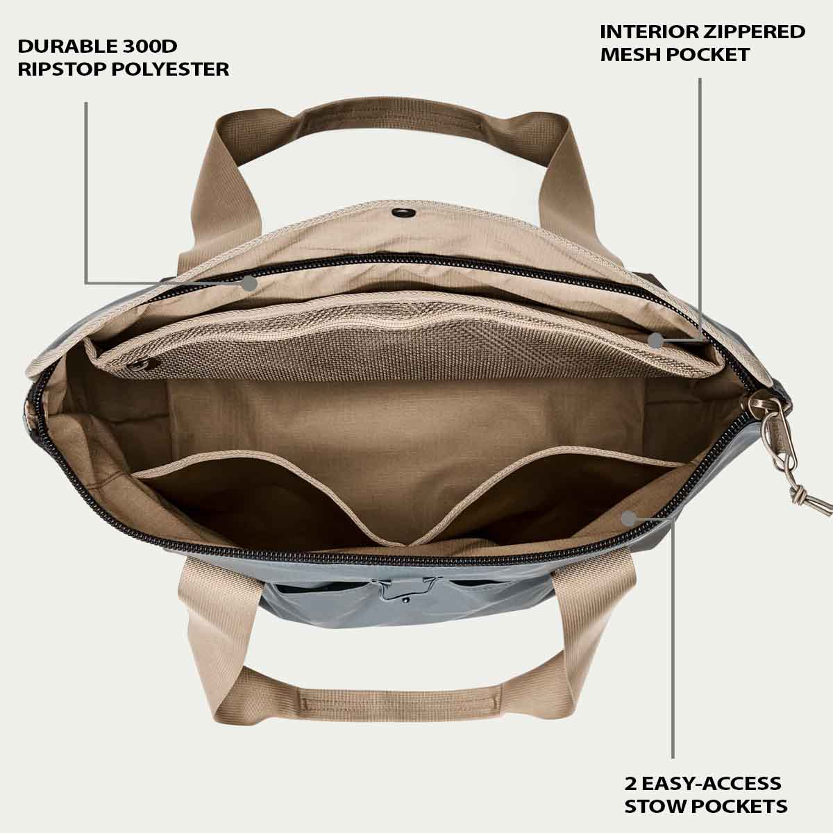 Filson Scout Tote Bag Slate/Canteen/Covert, eigenschappen uitgelegd binnenkant