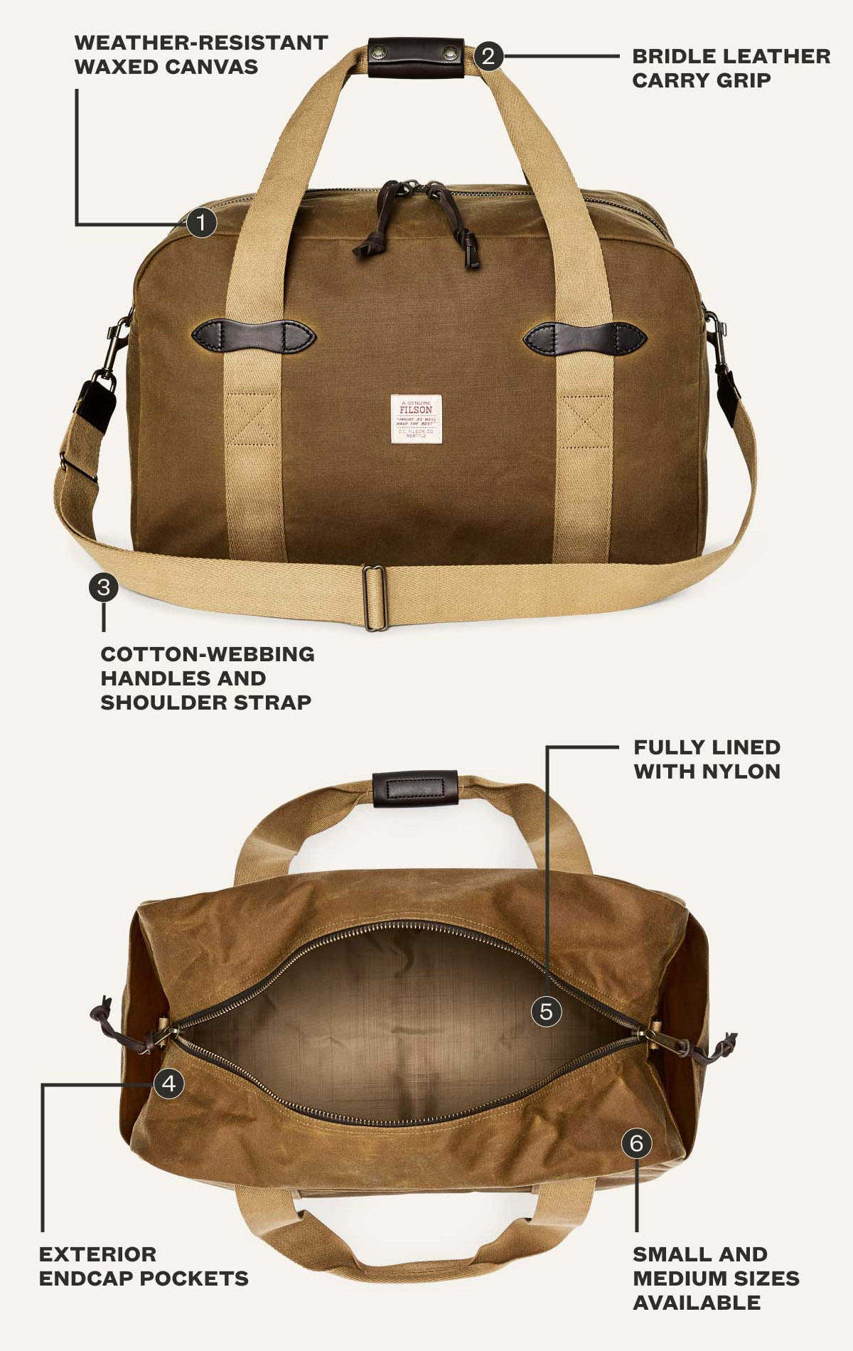 Filson Tin Cloth Medium Duffle Bag Dark Tan, kenmerken uitgelegd