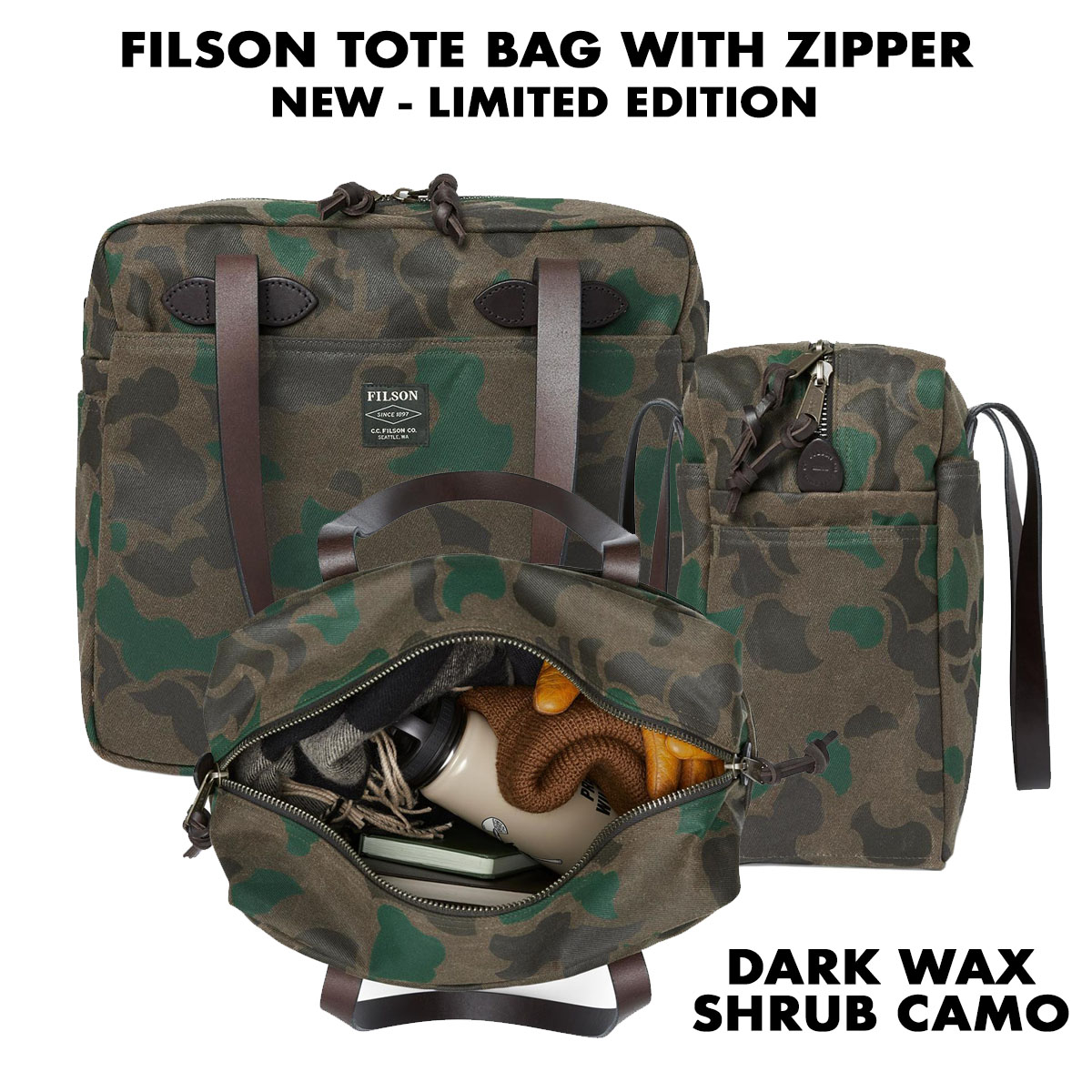 Filson Waxed Tote Bag with Zipper Dark Wax Shrub Camo, legendarische Tote Bag, handig voor shoppen