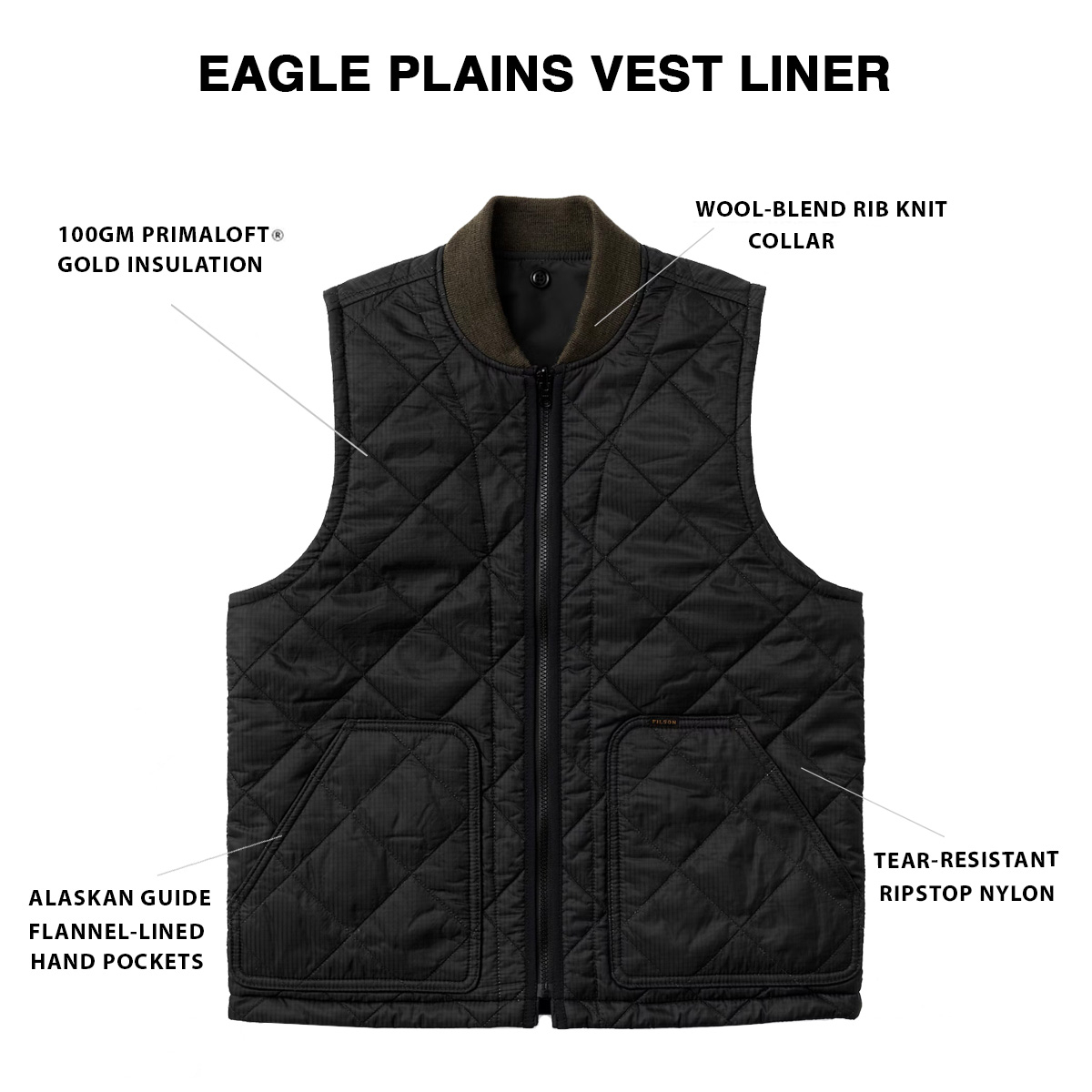 Filson Eagle Plains Vest Liner Charcoal, lichtgewicht vest met uitzonderlijke warmte-gewichtsverhouding