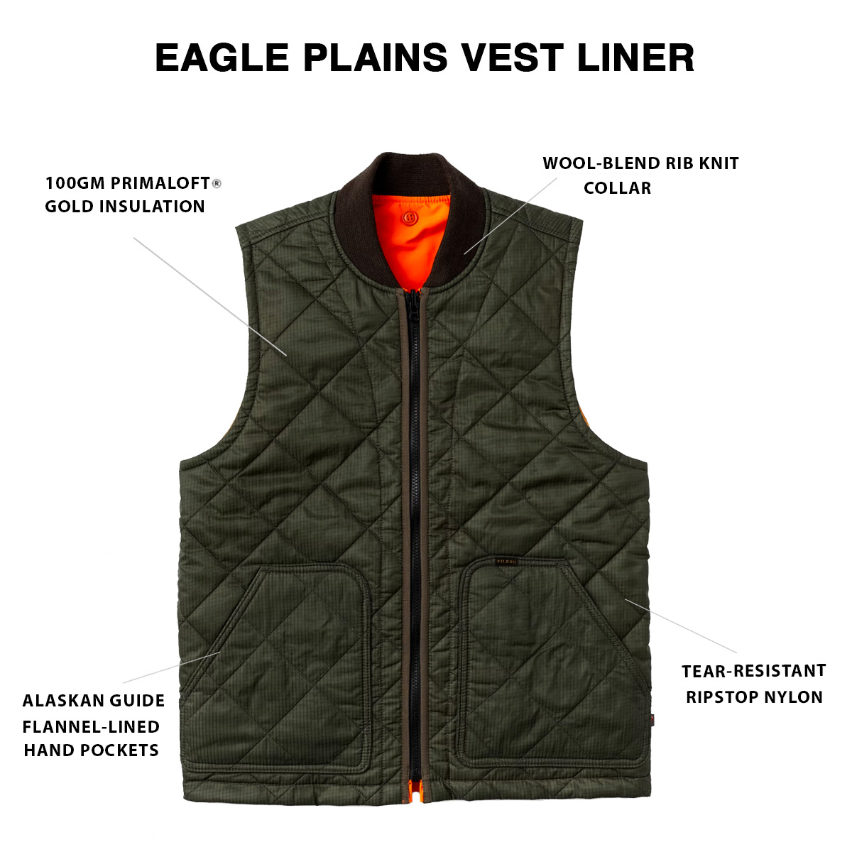 Filson Eagle Plains Vest Liner Surplus Green Blaze, lichtgewicht vest met uitzonderlijke warmte-gewichtsverhouding