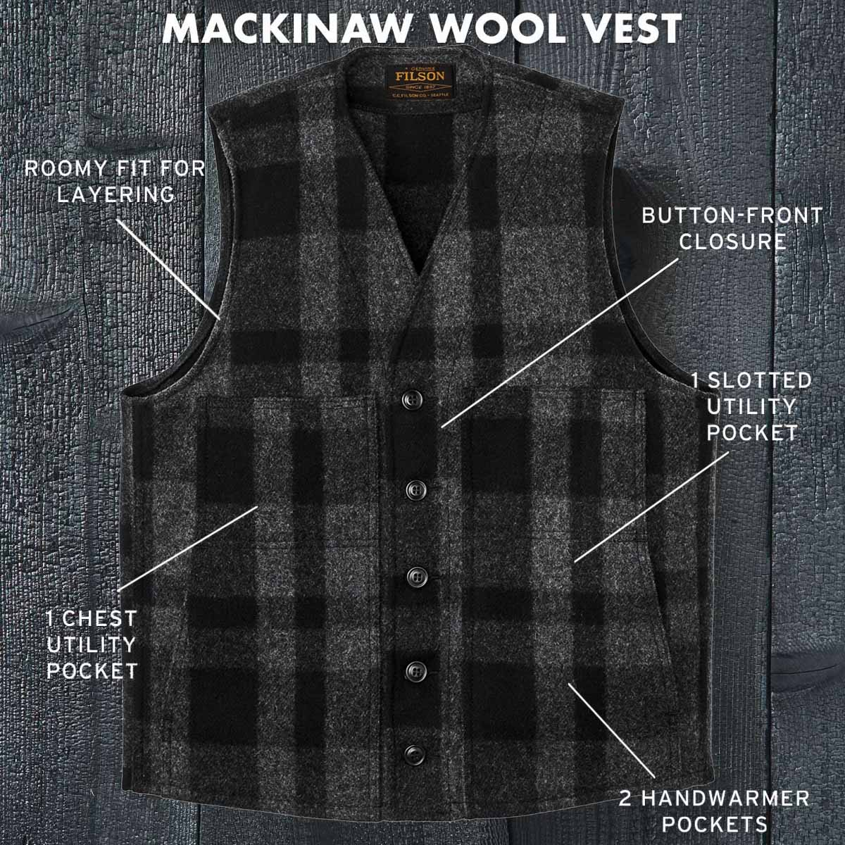Filson Mackinaw Wool Vest Charcoal/Black/Heritage Plaid, features.