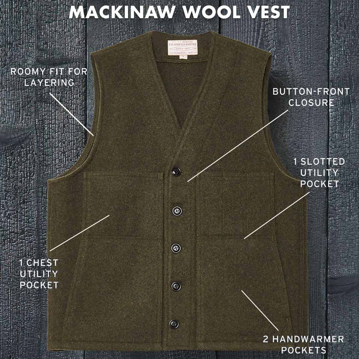 Filson Mackinaw Wool Vest Forest Green, features. Filson Mackinaw Wool Vest Forest Green, features.