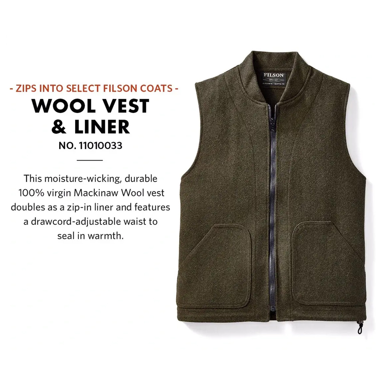 Filson Mackinaw Wool Vest Liner Forest Green, klassiek wollen vest gemaakt van 100% zuivere Mackinaw wol met ruime pasvorm om makkelijk in lagen te dragen