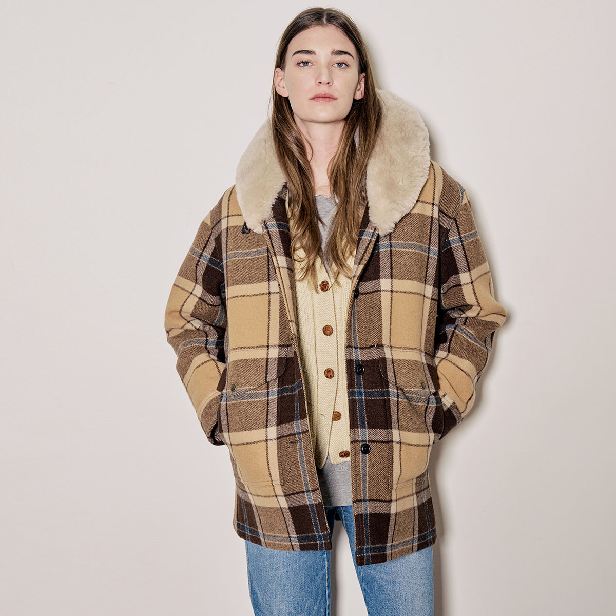 Filson Women's Lined Wool Packer Coat Cream/Brown/Multi, stoere look met cruiser-lengte snit