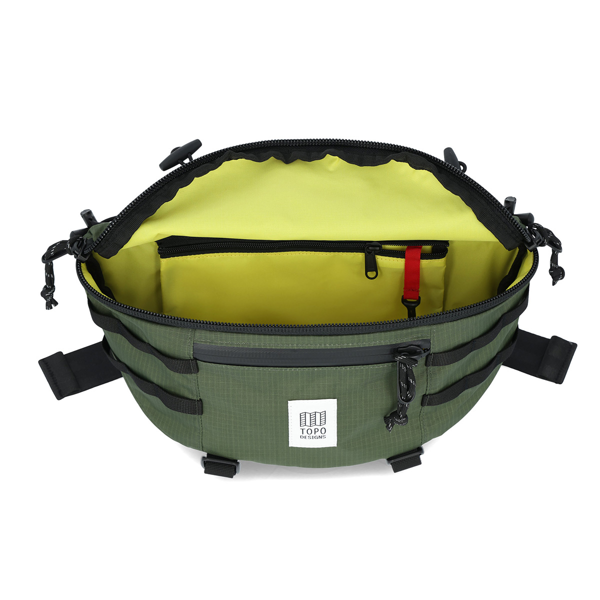 Topo Designs Mountain Sling Bag Olive, ruim hoofdvak, kleinere opbergvakken, heldere binnenvoering