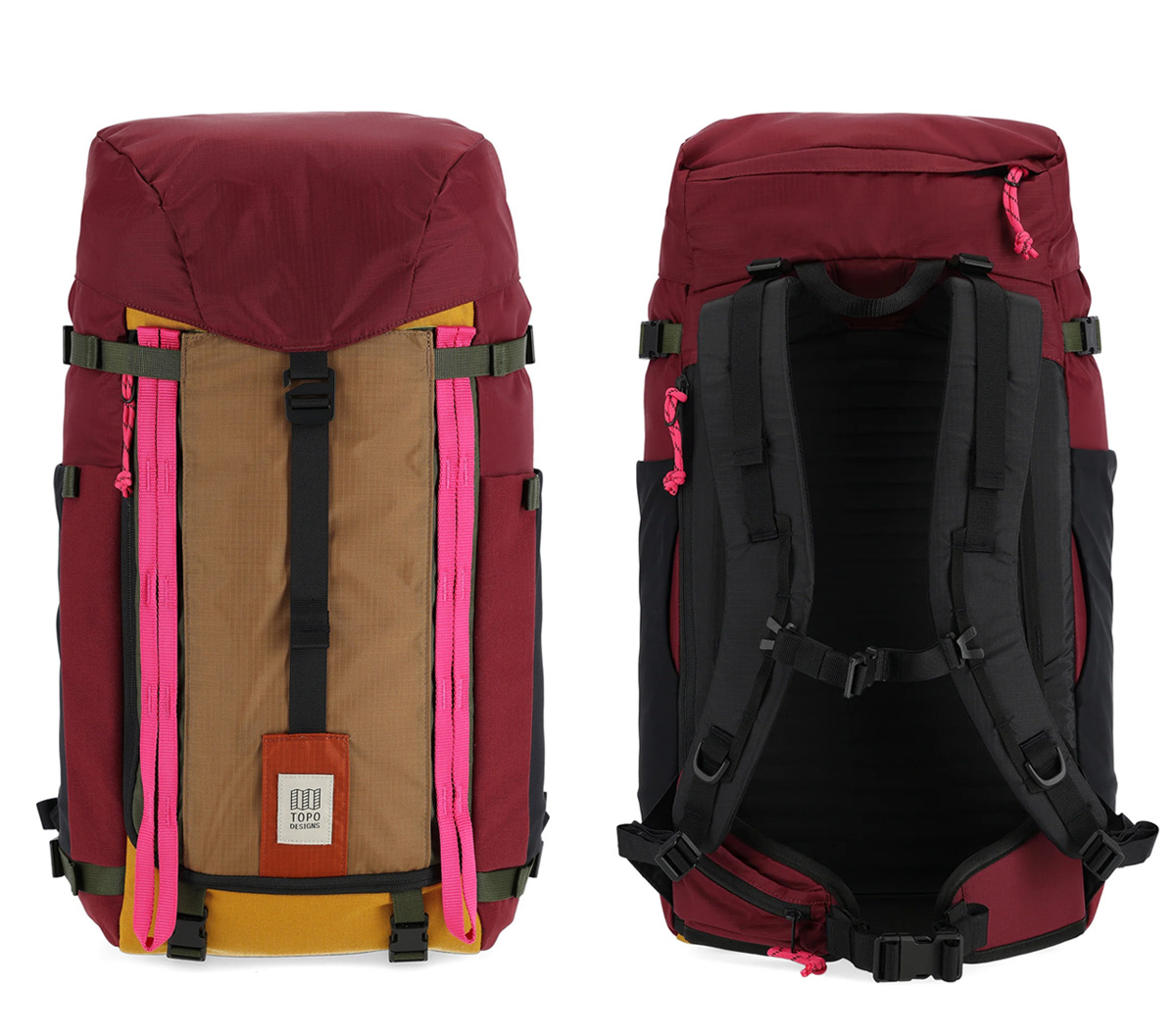 Topo Designs Mountain Pack 28L Burgundy/Dark Khaki, voor en achterkant