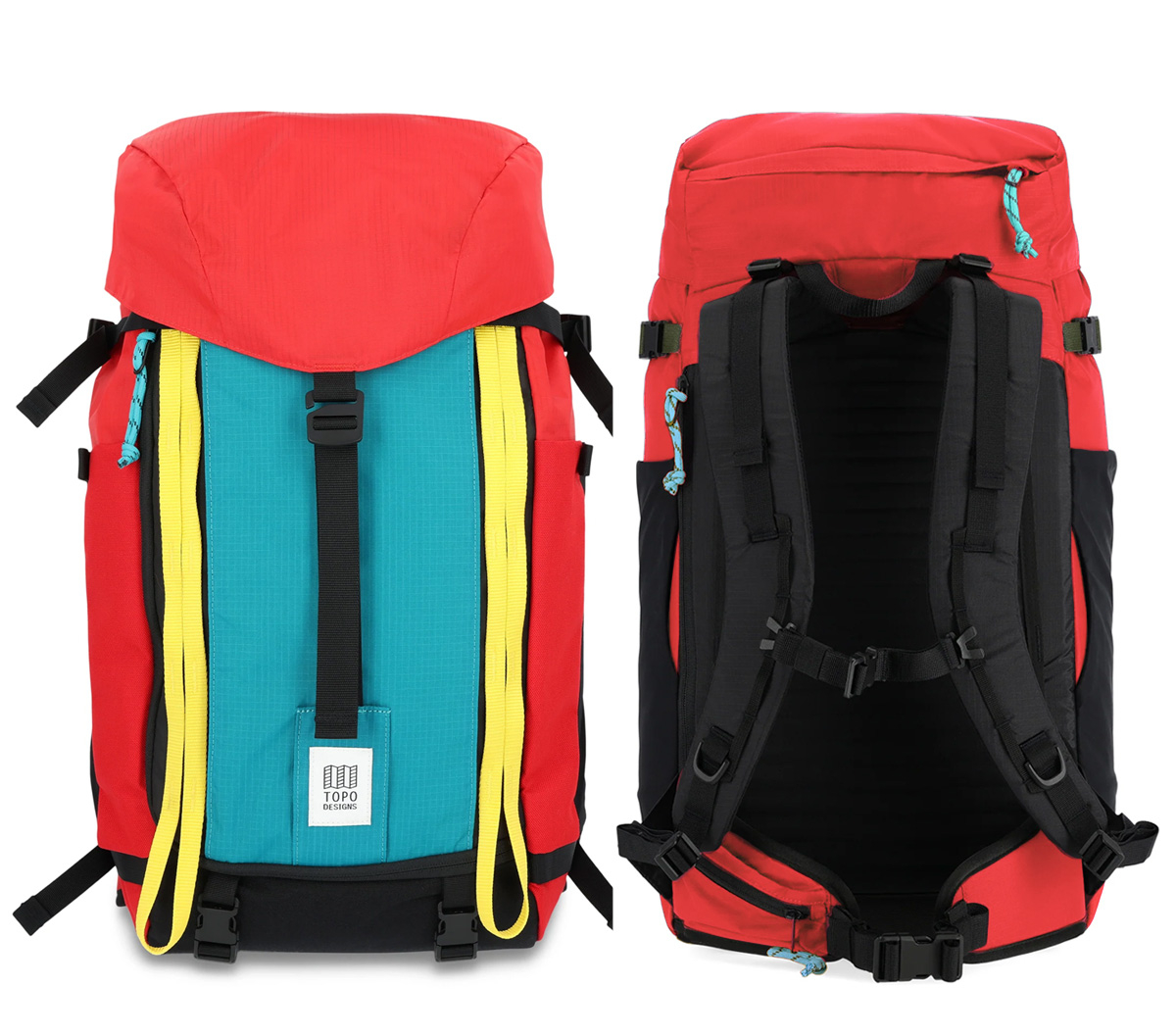 Topo Designs Mountain Pack 28L Red/Turquoise, voor en achterkant