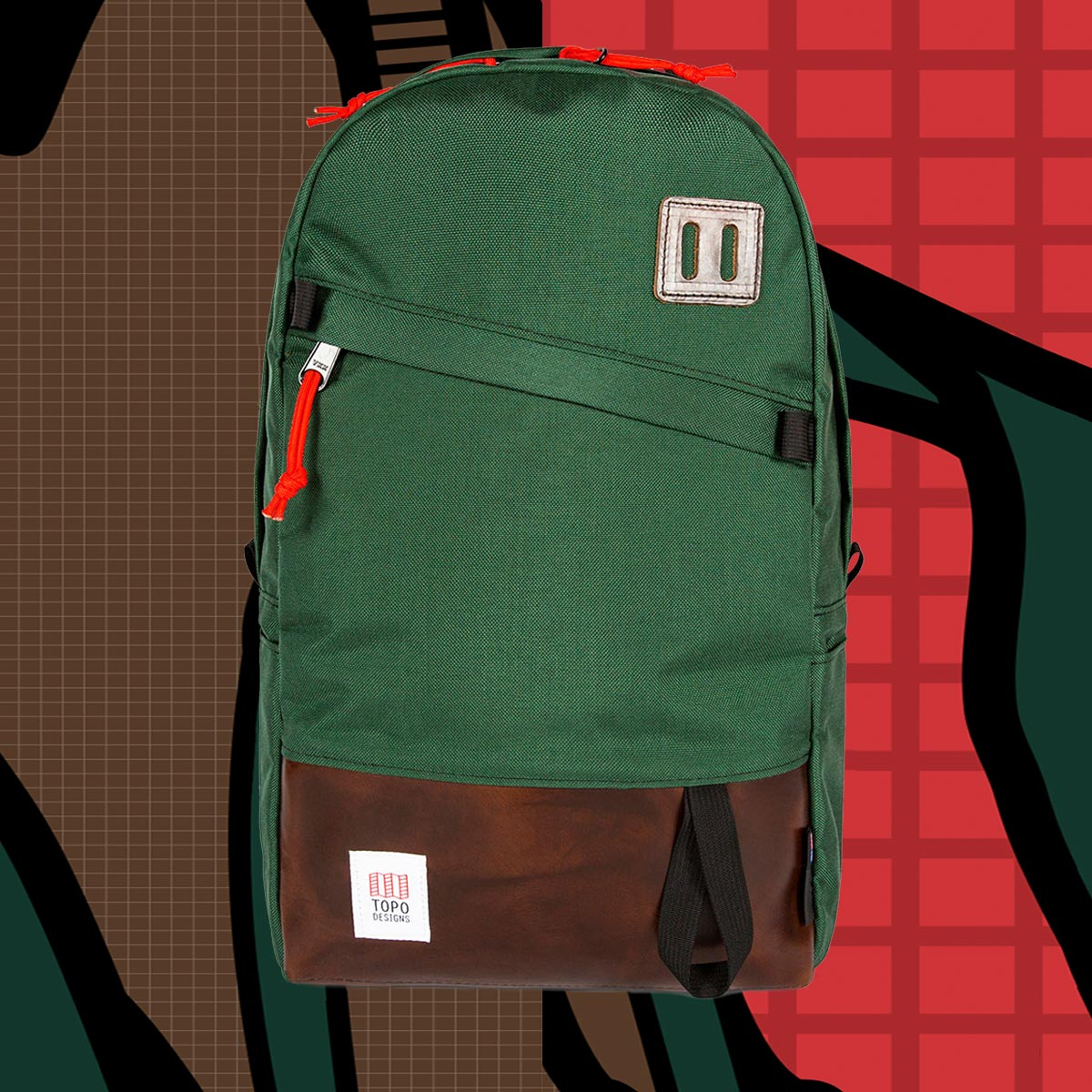 Topo Designs Daypack Forest/Brown Leather, sterke rugzak in 1000D Cordura met 15 inch laptopvak
