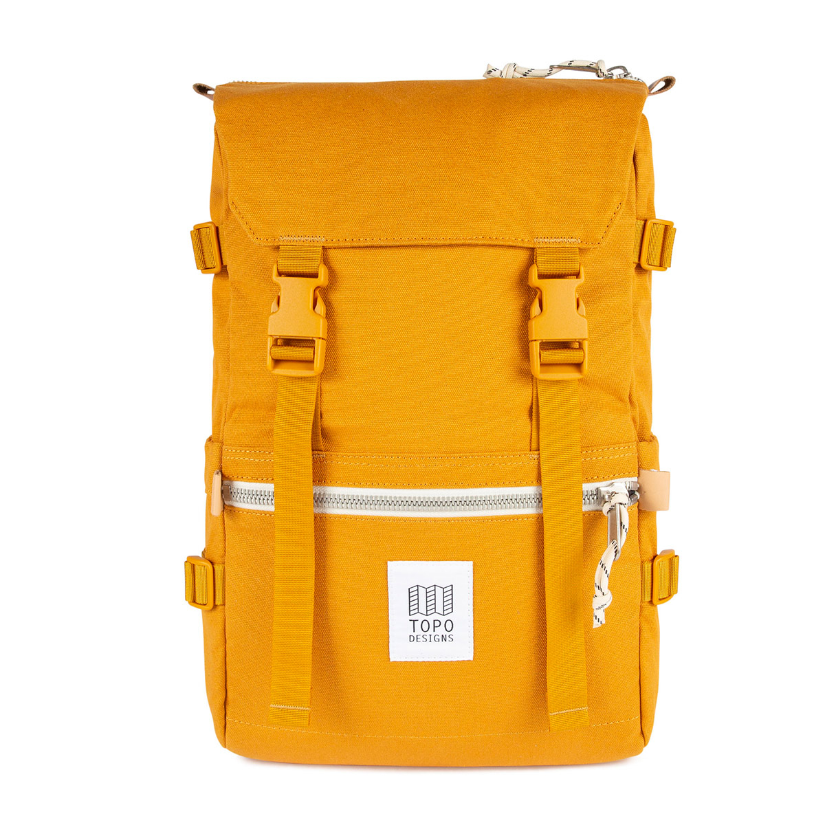Topo Designs Rover Pack Canvas Mustard, een op de bergen geïnspireerde rugzak ontmoet urban city stijl.