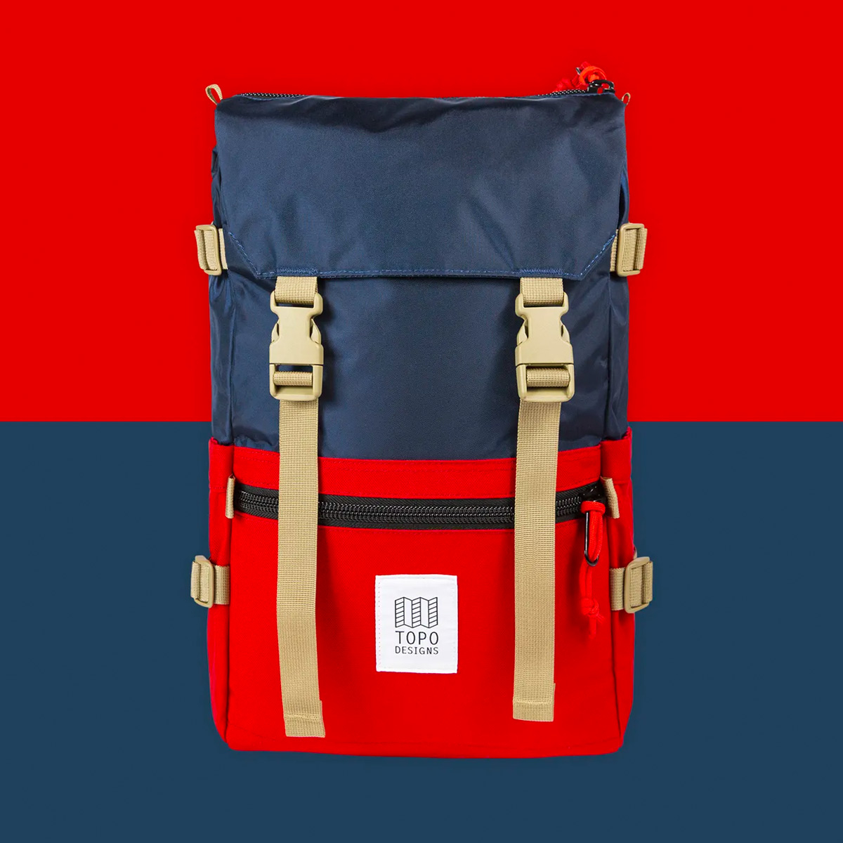 Topo Designs Rover Pack Classic Navy/Red, niet te groot, niet te klein, niet te simpel, iconische rugzak van Topo Designs