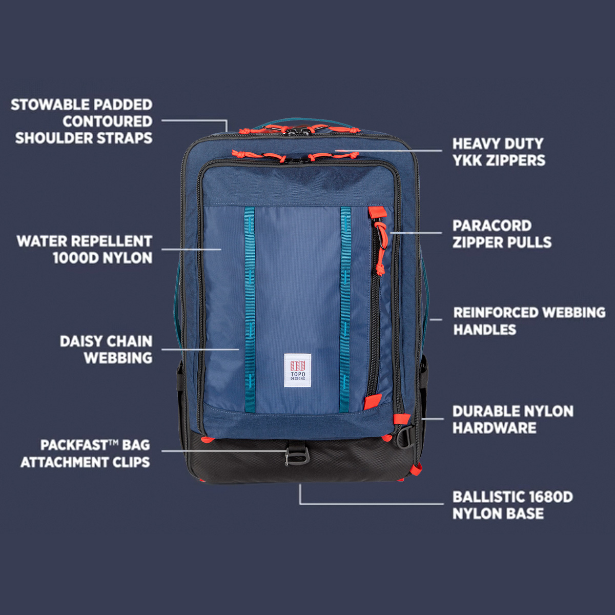 Topo Designs Global Travel Bag 40L Navy Features