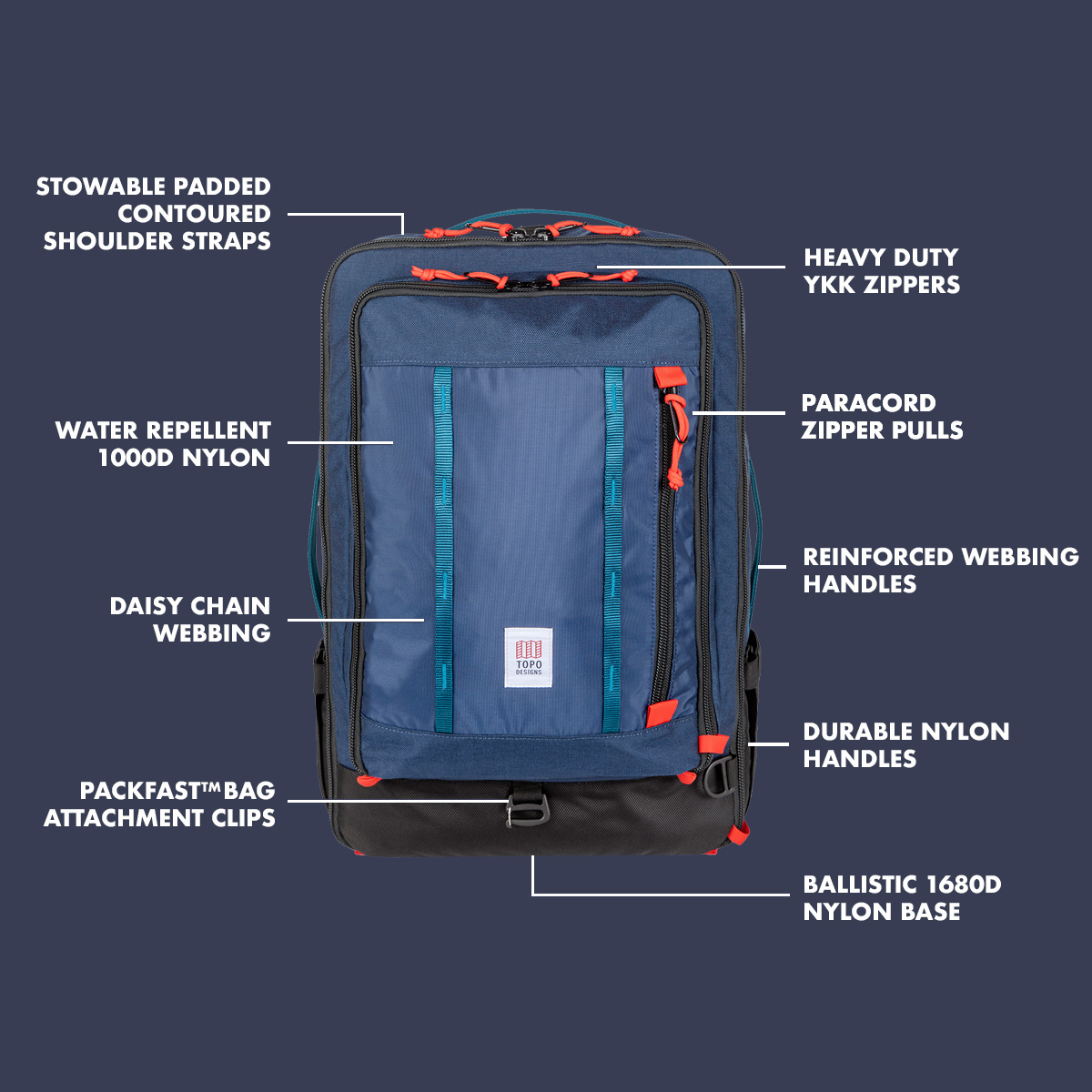 Topo Designs Global Travel Bag 30L Navy Features