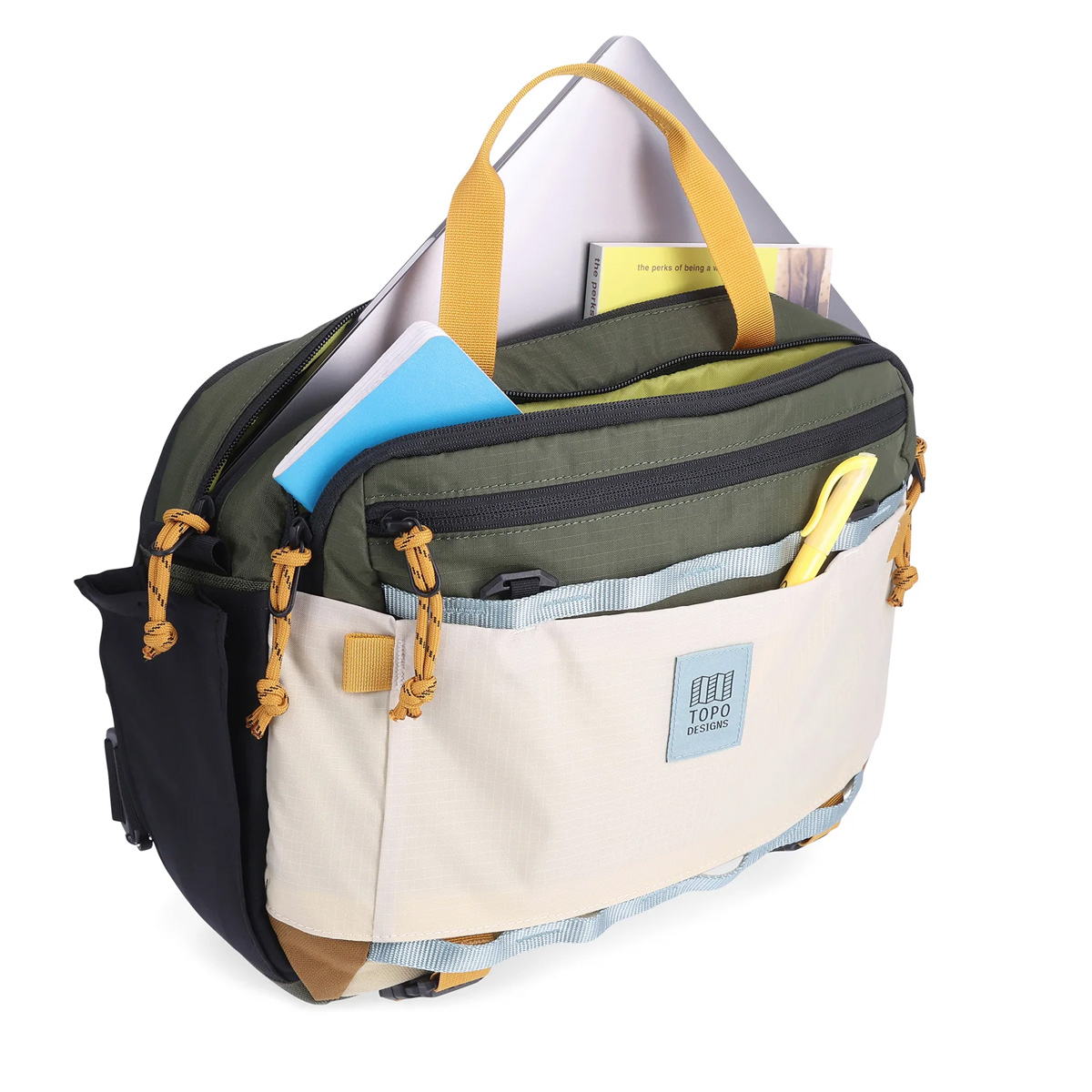 Topo Designs Mountain Cross Bag Bone White/Olive, ideale sling bag in messengerstijl voor dagelijks gebruik en nog veel meer