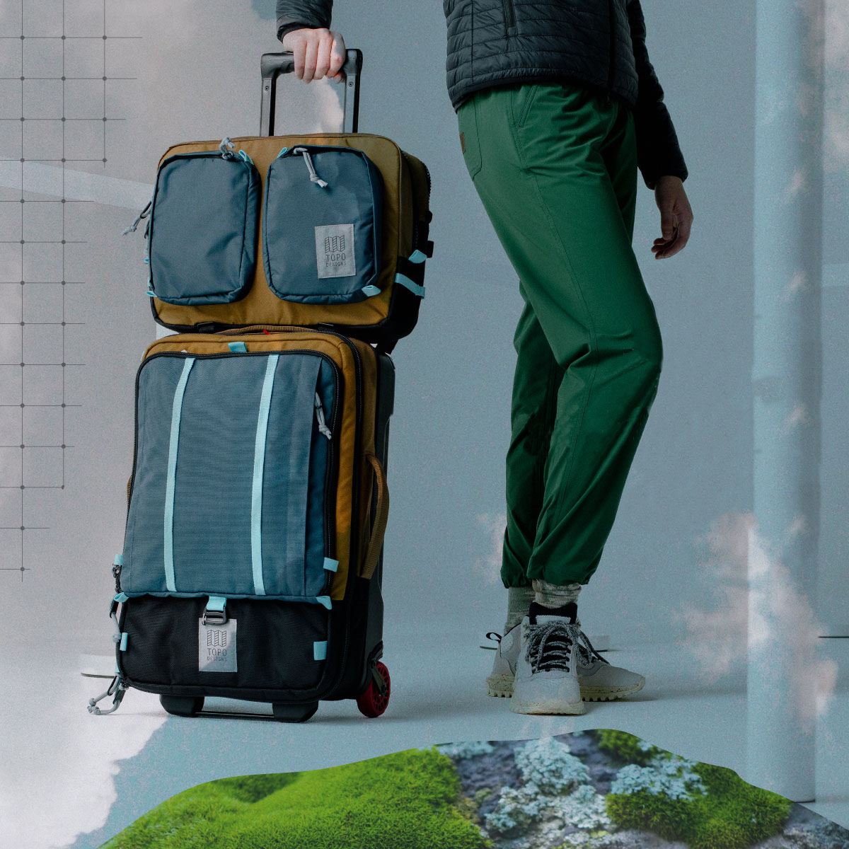 Topo Designs Global Travel Bag Roller Desert Palm/Pond Blue, gemaakt om zo gemakkelijk mogelijk te reizen
